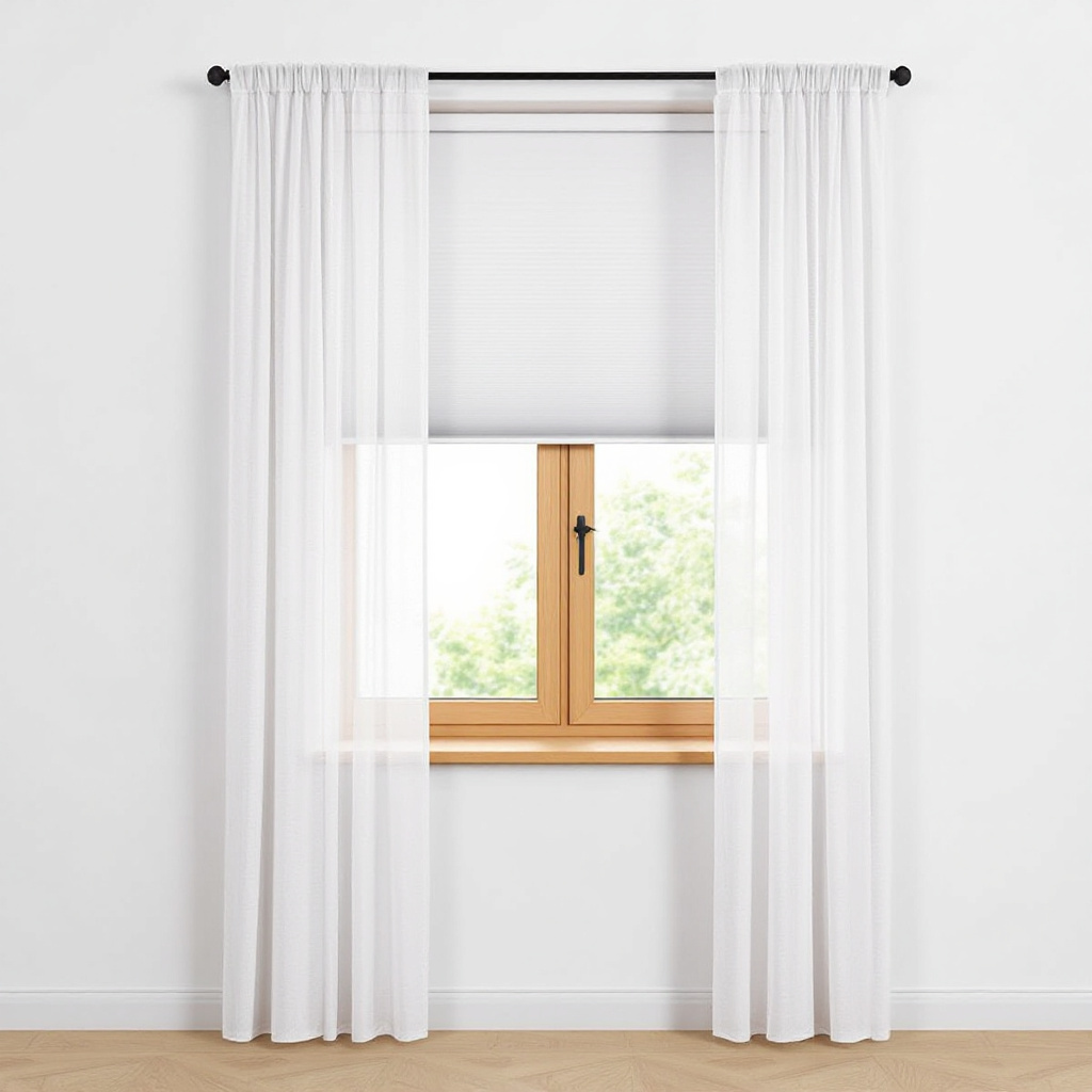 Weisses Plisseerollo am Fenster mit duennem Voile-Vorhang daneben