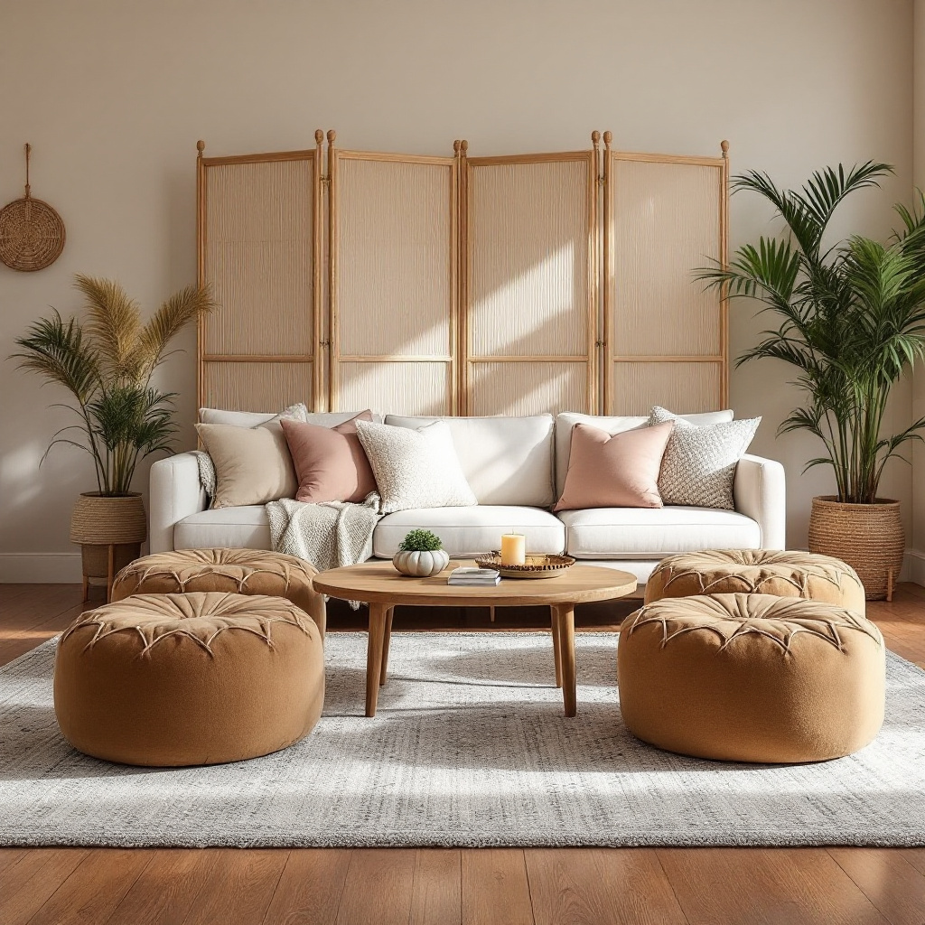 Marokkanisch inspiriertes Wohnzimmer mit Bodenkissen, Beni Ourain Teppich und Rattan-Raumteiler