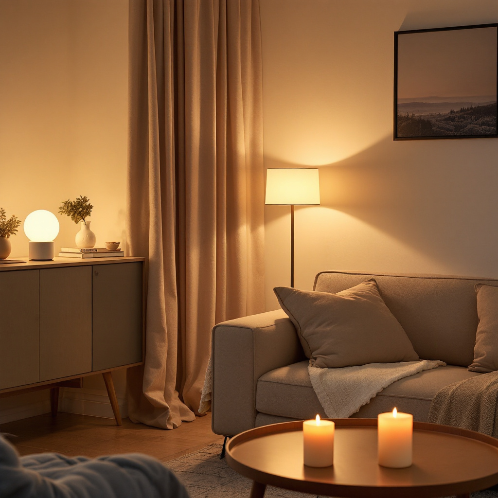 Wohnzimmer am Abend mit Stehlampe Tischlampe und Kerzen in warmweiss