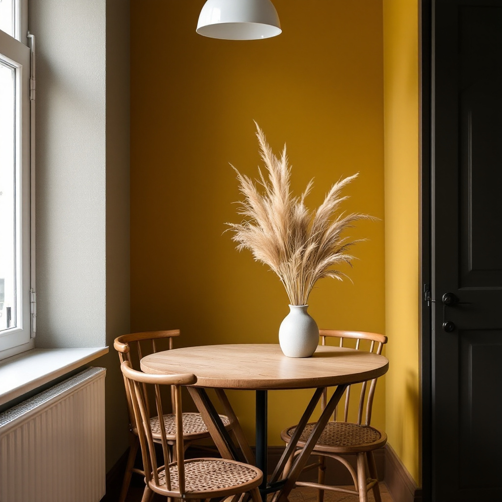 Senfgelbe Akzentwand mit Esstisch in kleinem Altbauwohnzimmer