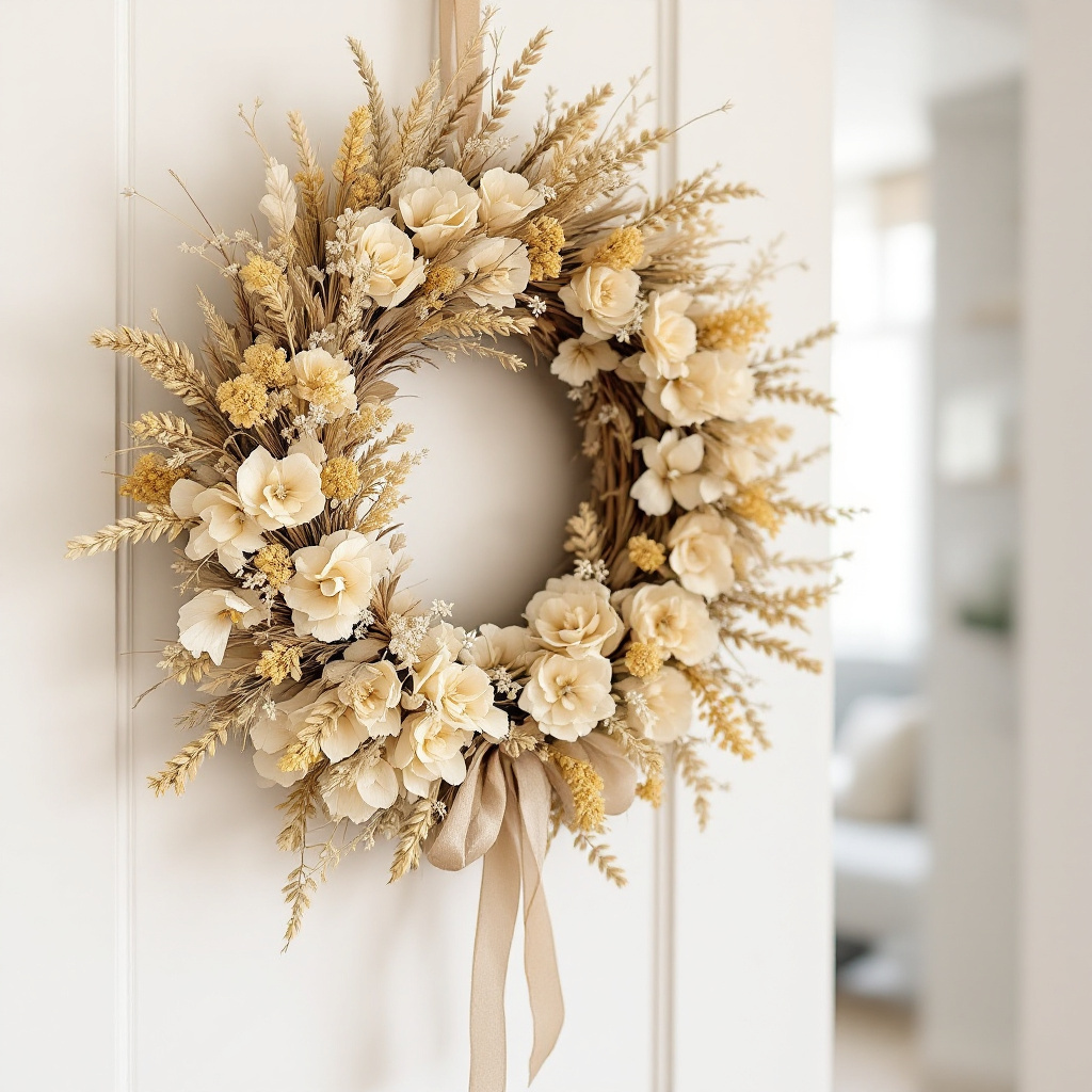 Trockenblumenkranz an Altbau-Innentuer aus Hortensien und Strohblumen