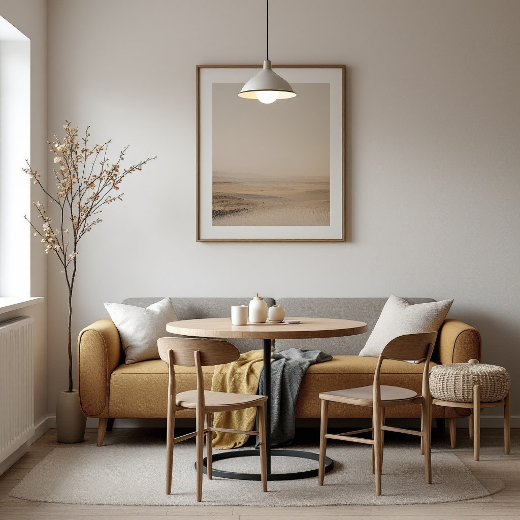 Schlafsofa in einem kleinen Wohnzimmer, davor ein runder Esstisch fuer zwei