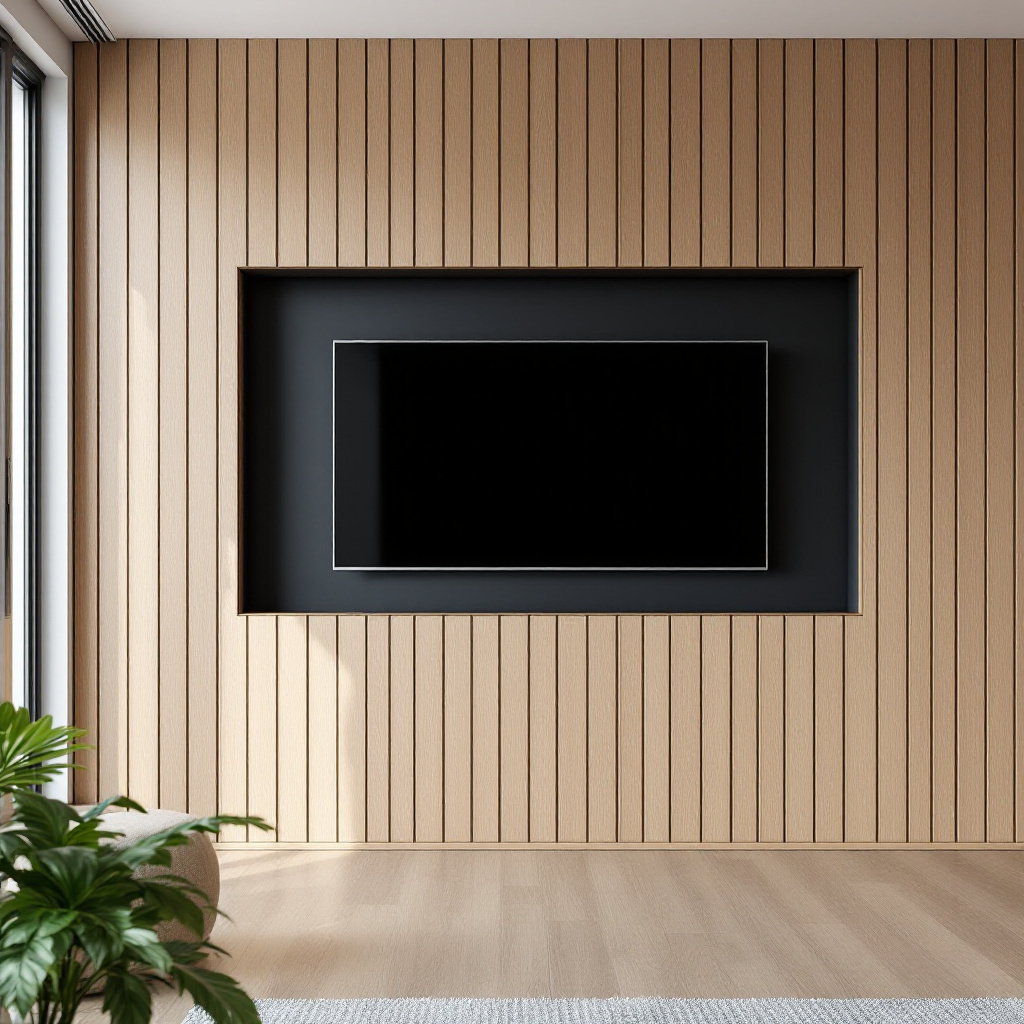 Vertikale Eiche-Lamellen vor schwarzer Wand mit eingelassenem 65-Zoll-Fernseher