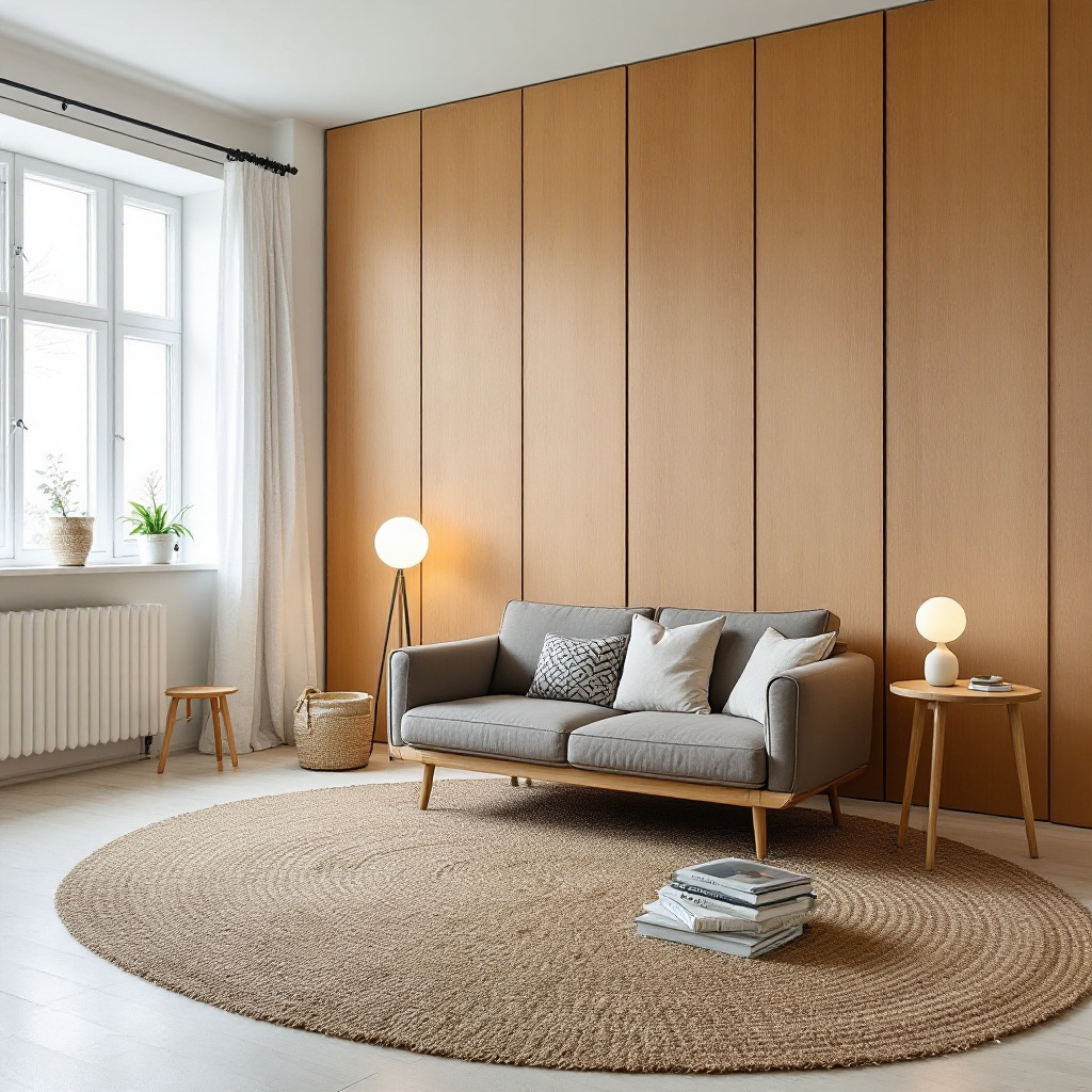 Mietwohnung Wohnzimmer im Japandi-Stil mit Stellwand aus Holz