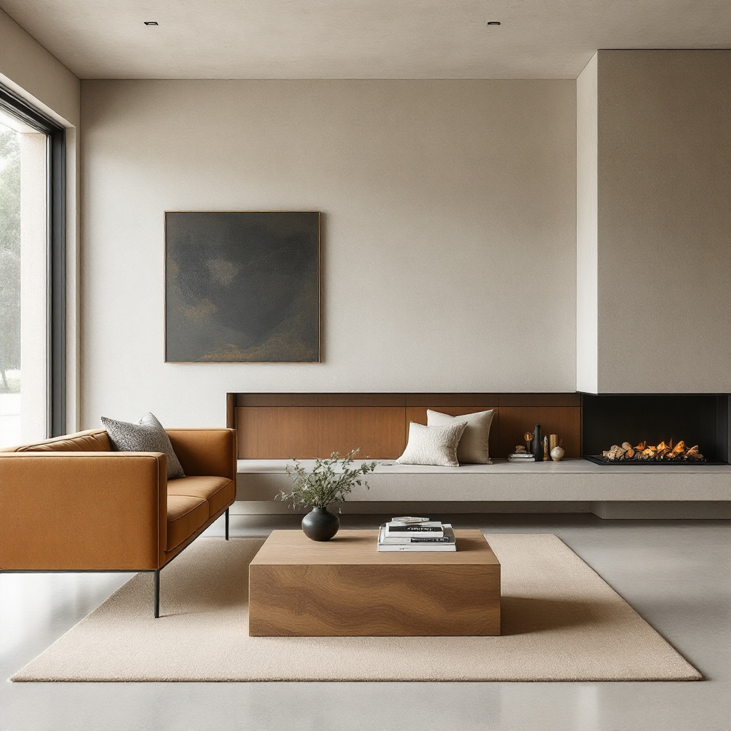 Wohnzimmer mit Sichtbeton-Kamin, beigen Waenden und Steinplatten