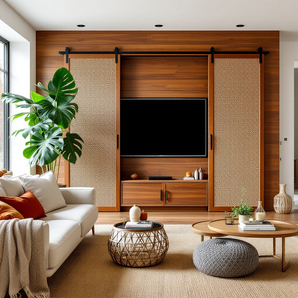 Boho-Wand mit Nussbaum-Latten und Rattan-Schiebetueren vor Fernseher