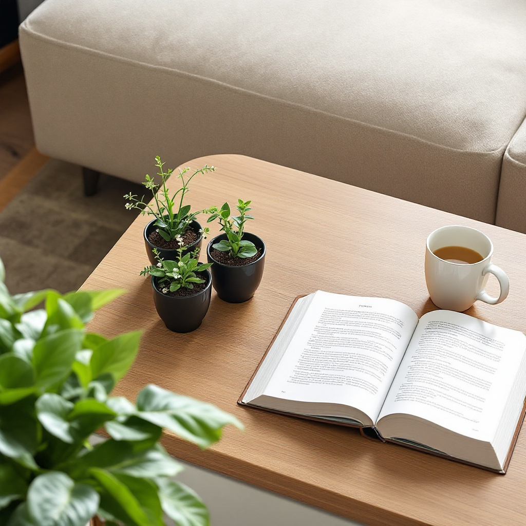 Niedriger Holzcouchtisch mit drei kleinen Topfpflanzen und Buch