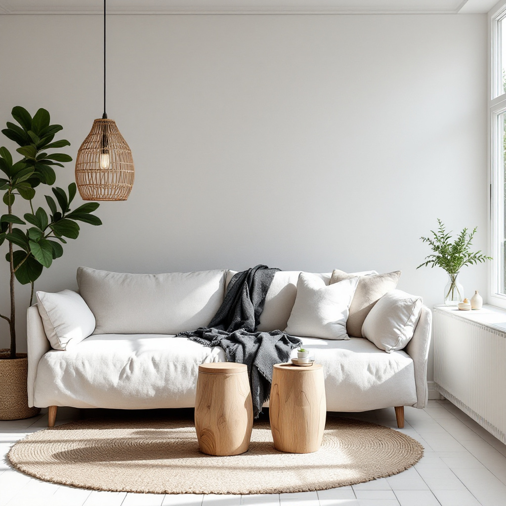 Helles skandinavisches Boho-Wohnzimmer mit weissem Leinen-Slipcover Sofa und Birkenholz Beistelltischen