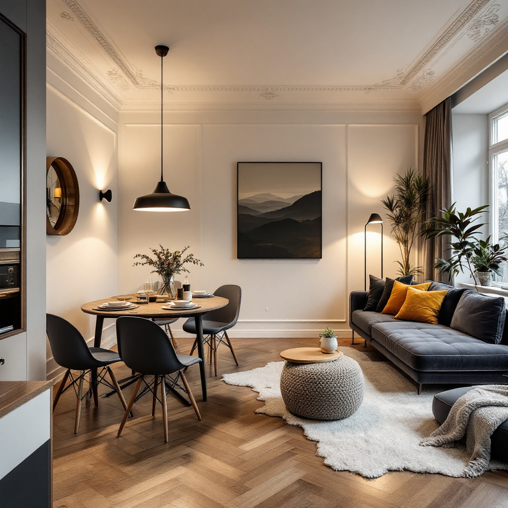 Übersicht eines vollständigen Wohnzimmer-Lichtplans mit Stehlampe, Wandleuchten, LED-Stripes und Deckenfluter in einem Altbau-Wohnzimmer mit Holzdielen und Stuckdecke