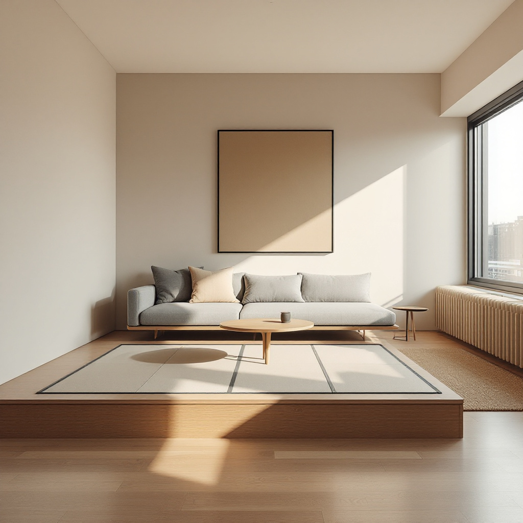 Hamburger Neubau Wohnzimmer mit Tatami-Plattform und niedrigem Tisch