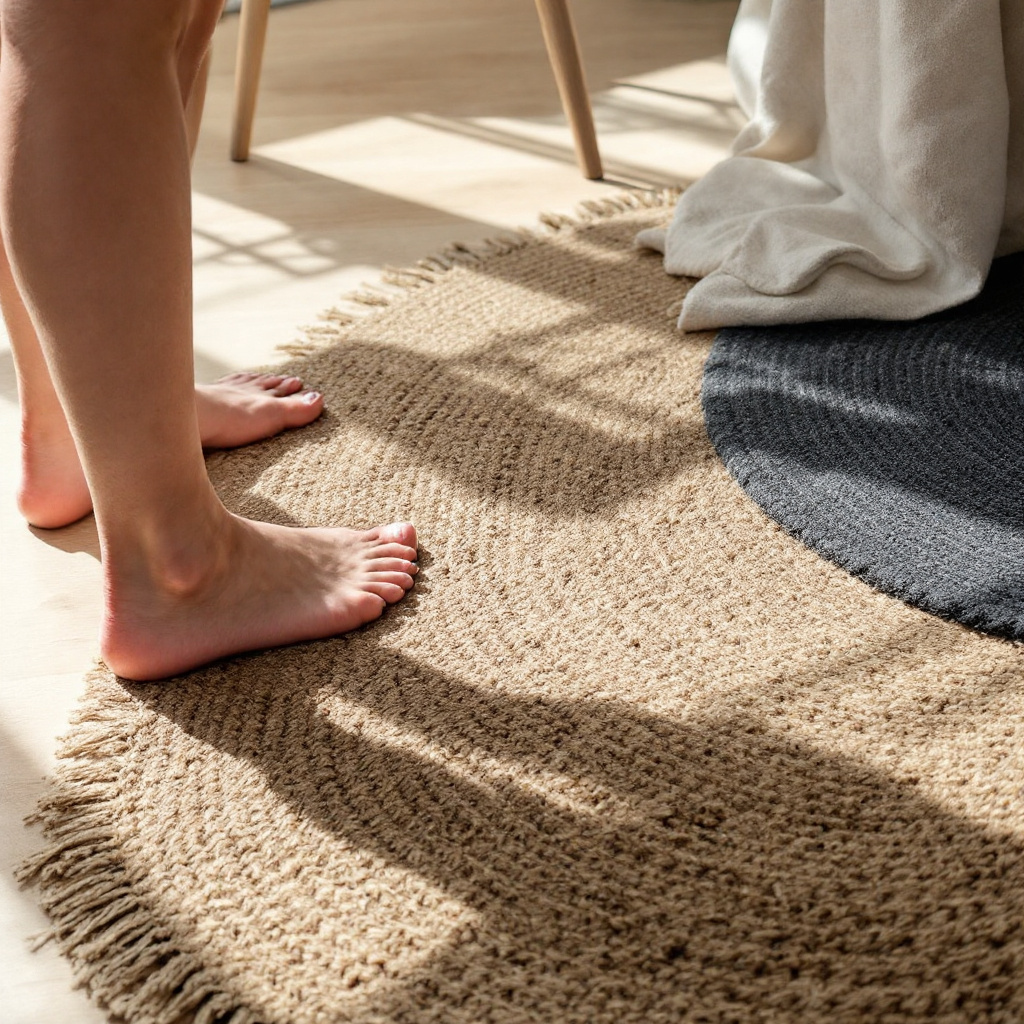 Jute-Teppich in Naturfarbe ueber dunklem Wollteppich im Wohnzimmer