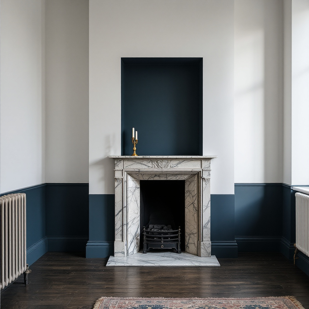 Tintenblaue Kaminnische in Altbauwohnzimmer