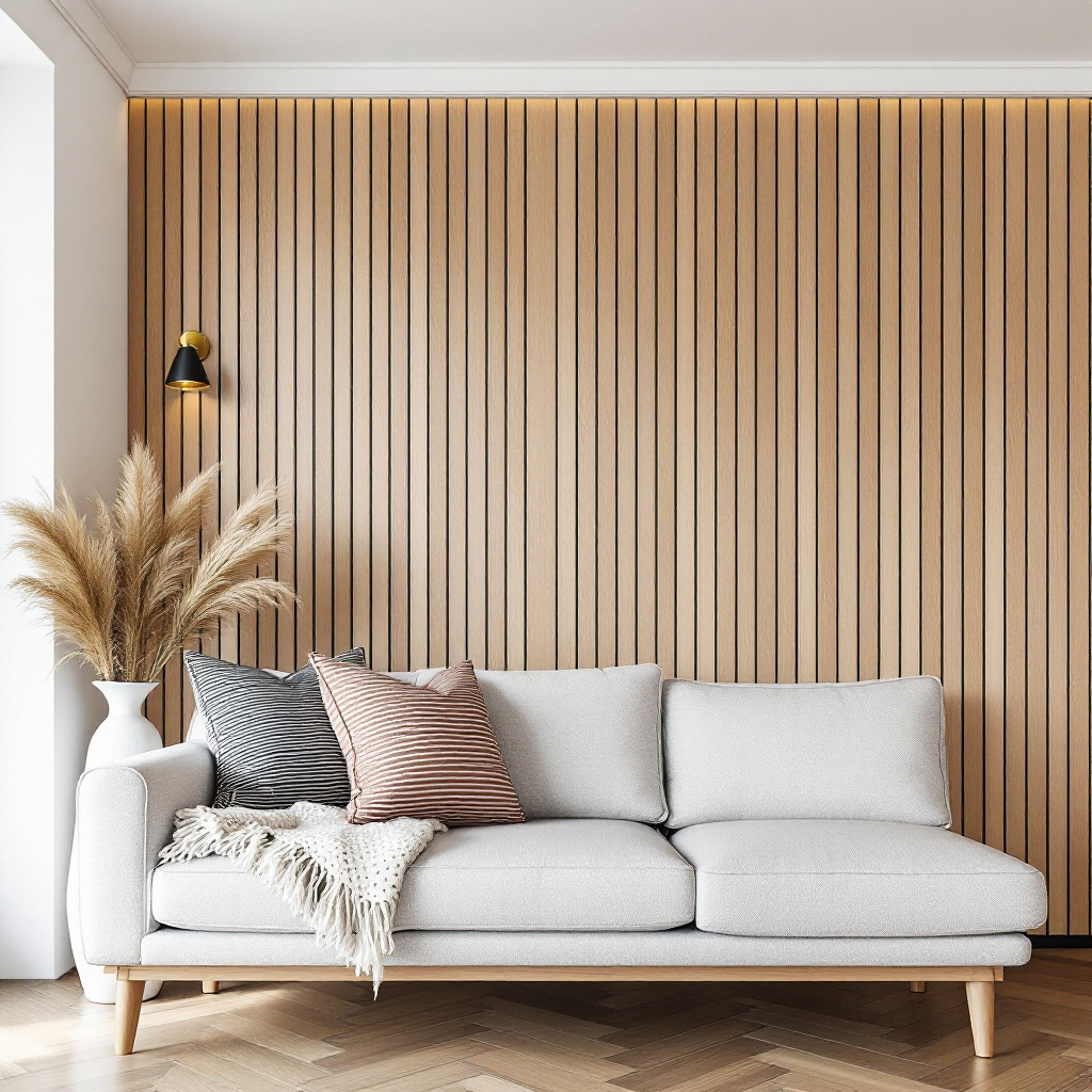 Wohnzimmerwand mit vertikalen Eichenlamellen hinter Sofa