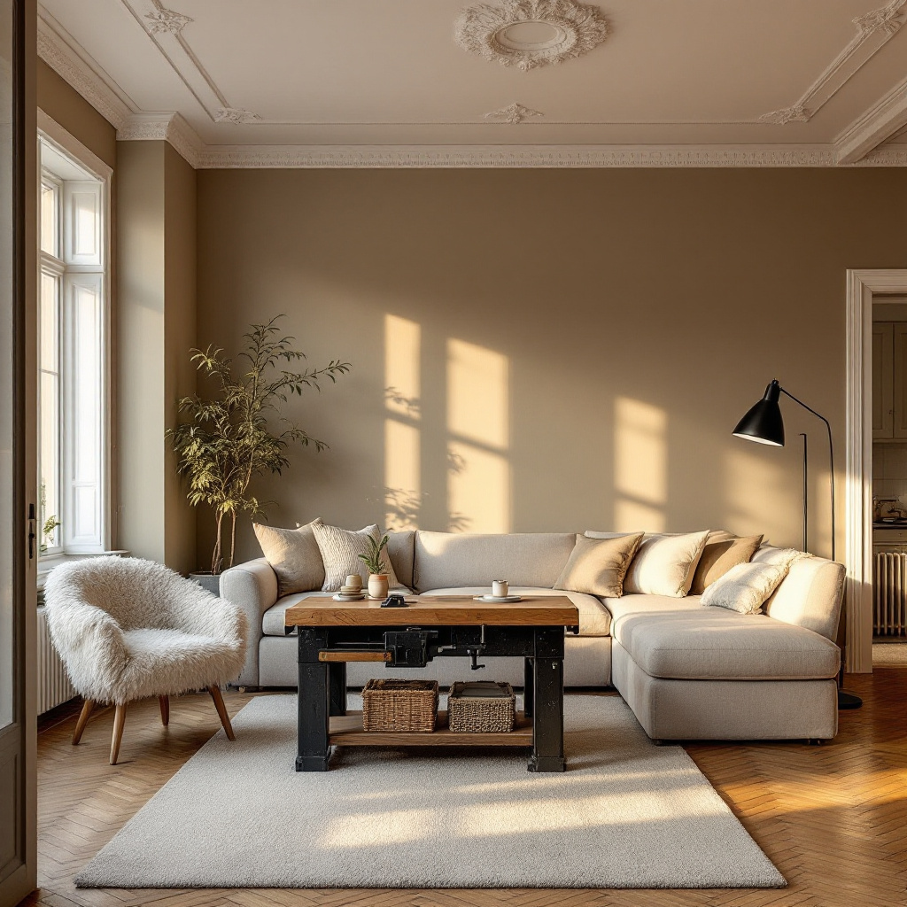 Hamburger Altbau-Wohnzimmer mit Werkbanktisch und Leinensofa