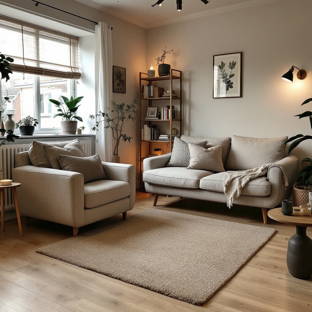 Kleines Wohnzimmer mit Zweisitzer und kompaktem hellen Teppich