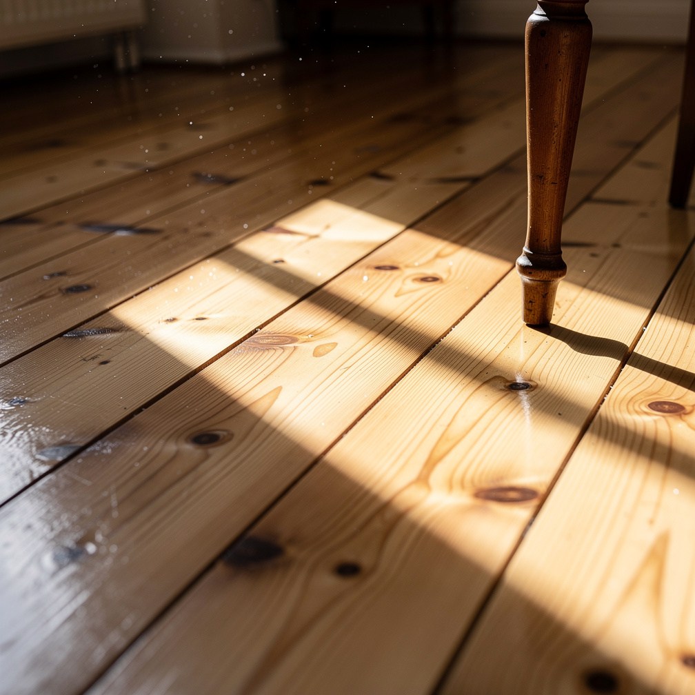 Frisch geoelte helle Dielen mit Sonnenlicht und Stuckschatten