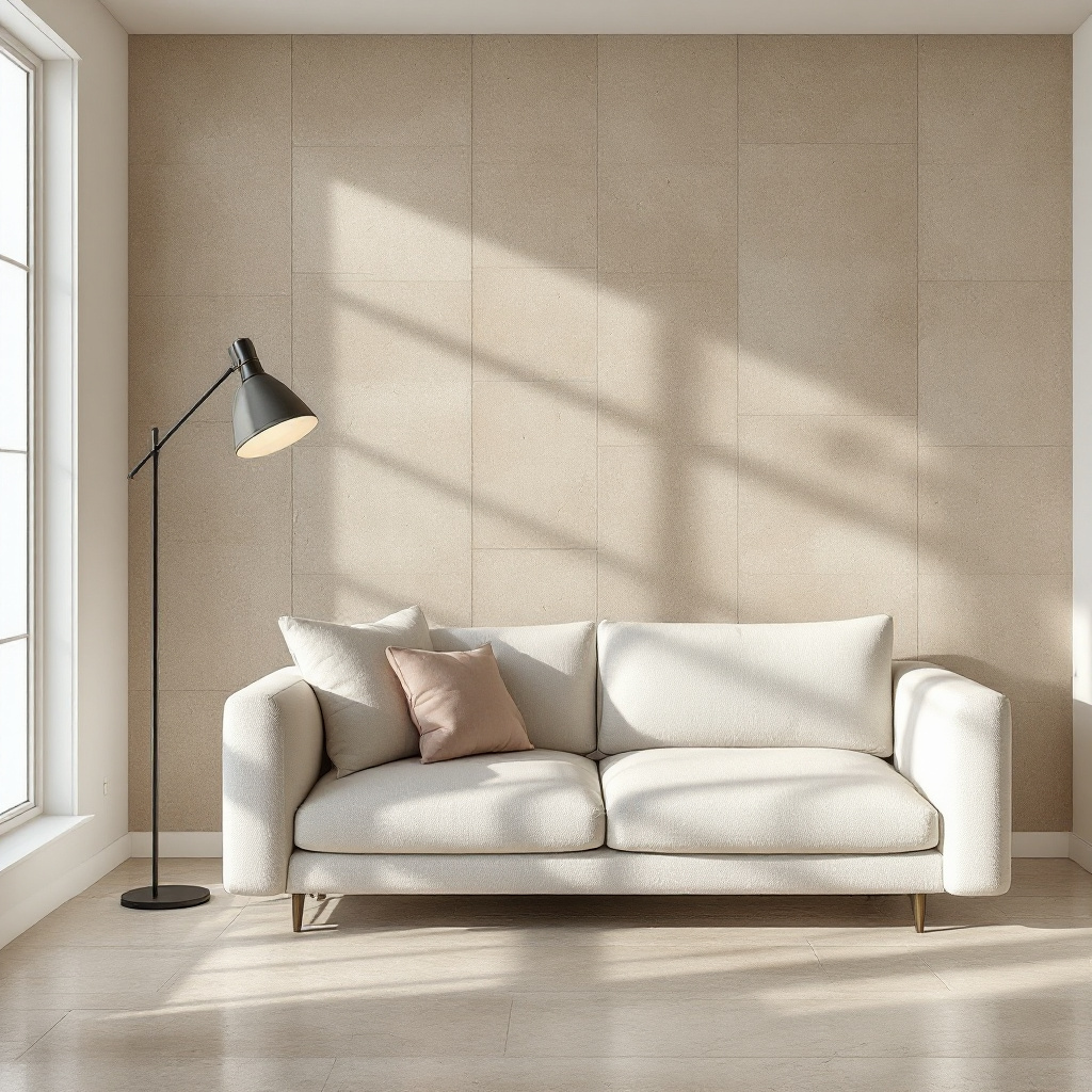 Travertin Riemchenwand hinter beigem Boucle Sofa