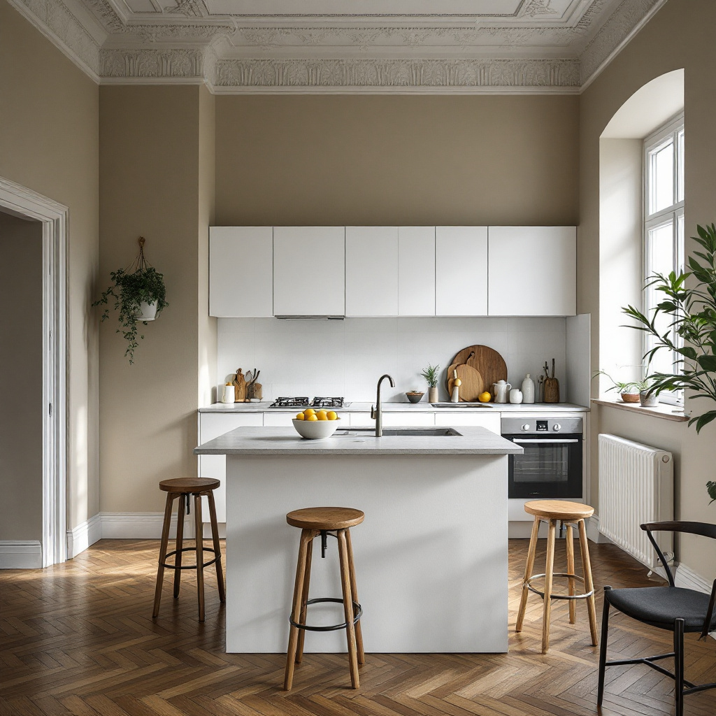 Halbinsel-Kueche mit Tresen und Barhockern in Altbauwohnung