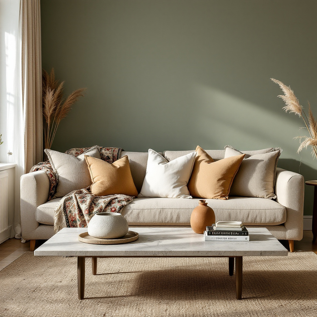 Gesamtansicht eines stimmig eingerichteten Wohnzimmers mit perfekt komponiertem Sofa-Kissen-Setup als Mittelpunkt