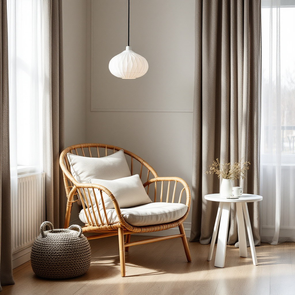 Skandinavische Leseecke mit IKEA Poäng Sessel und weißer Papierkugellampe am Fenster