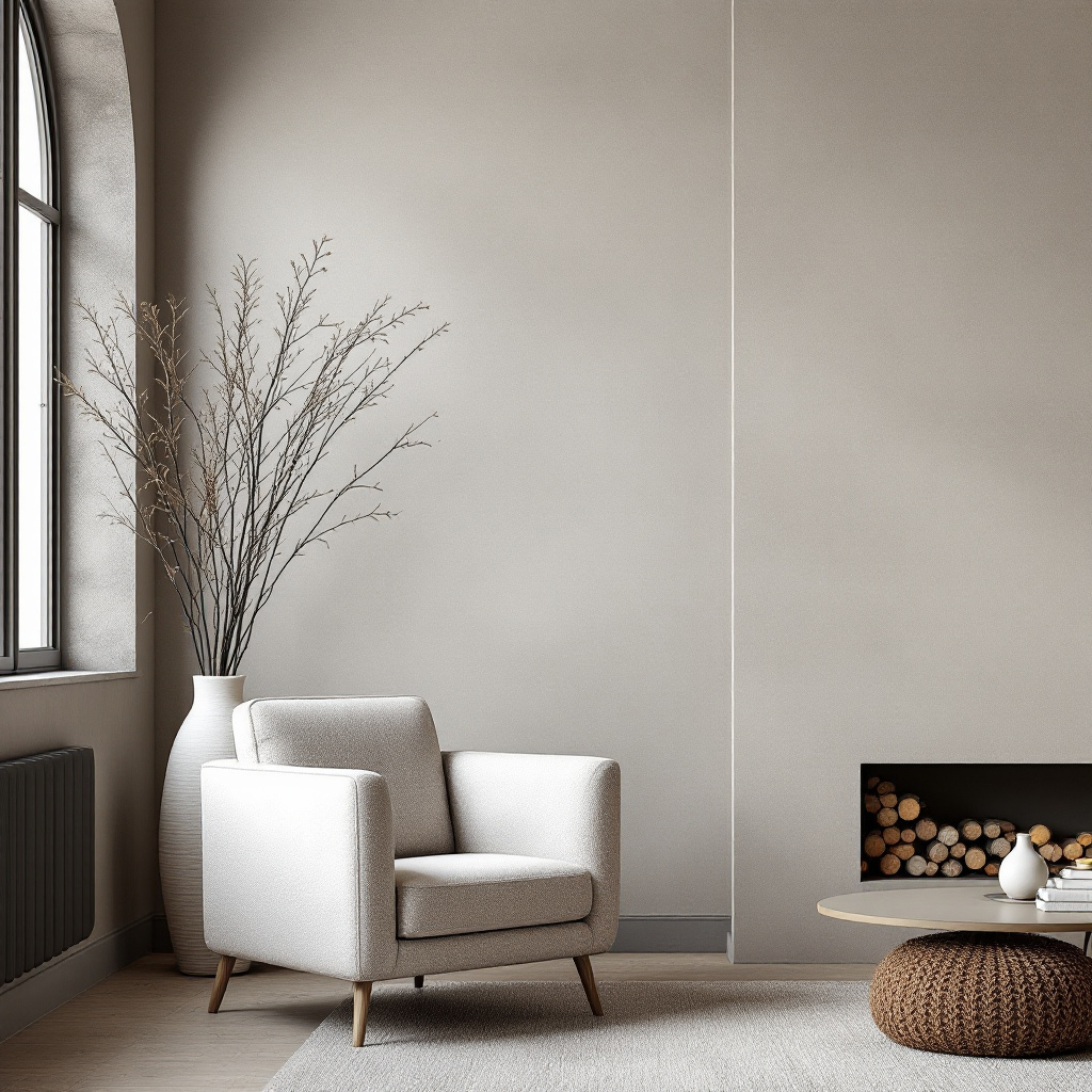 Microzement Wand Greige mit Boucle-Sessel und Bodenvase
