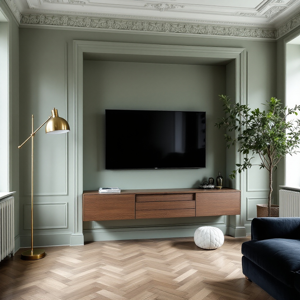 Altbauwohnzimmer mit Stuck und eingelassener TV-Nische in Salbeigruen
