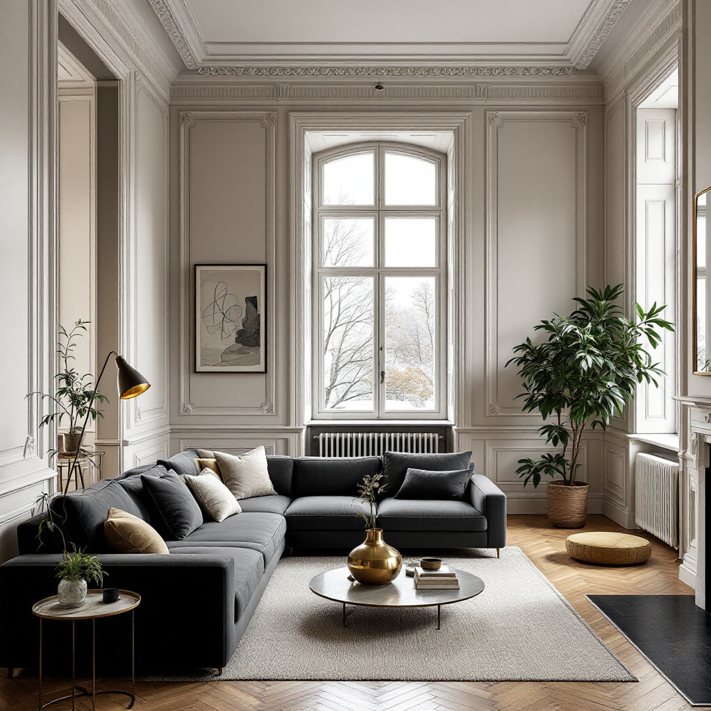 Berliner Altbau Wohnzimmer mit Stuck und Anthrazit-Sofa