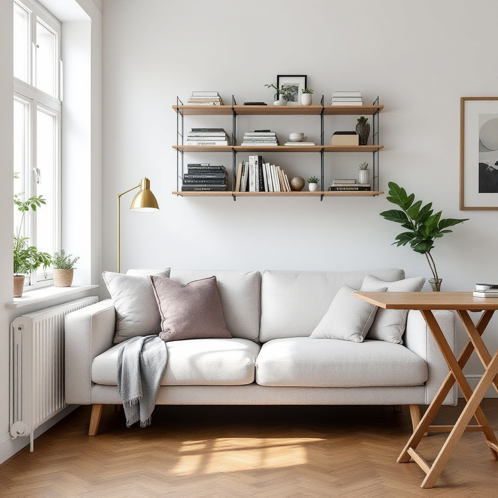 Kleines skandinavisches Wohnzimmer mit Wandregal und Zweisitzer-Sofa