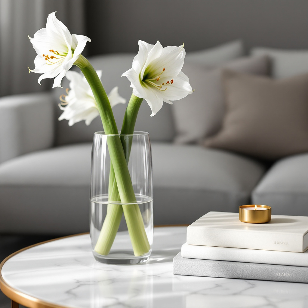 Couchtisch mit weisser Amaryllis in hoher Glasvase, gestapelten Leinenbuechern und Messing-Teelichthalter