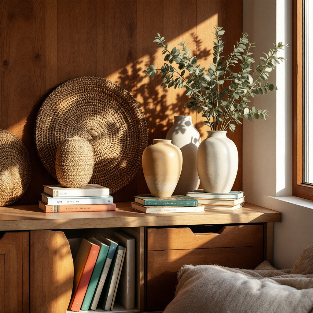 Boho Wohnzimmerregal mit Buechern Rattankoerben Tonkeramik und Pampasgras