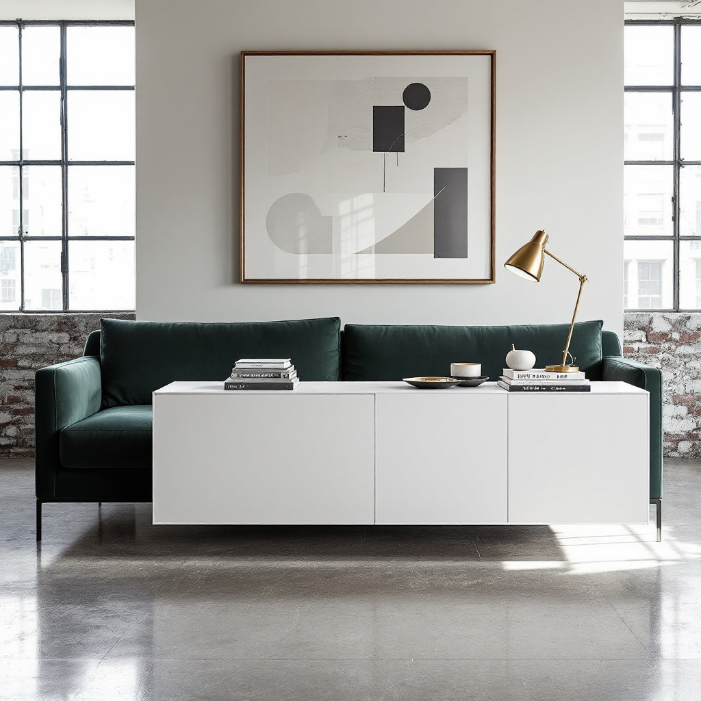 Schmales niedriges Sideboard hinter freistehendem Sofa, von oben fotografiert, mit Buechern und einer Leselampe darauf