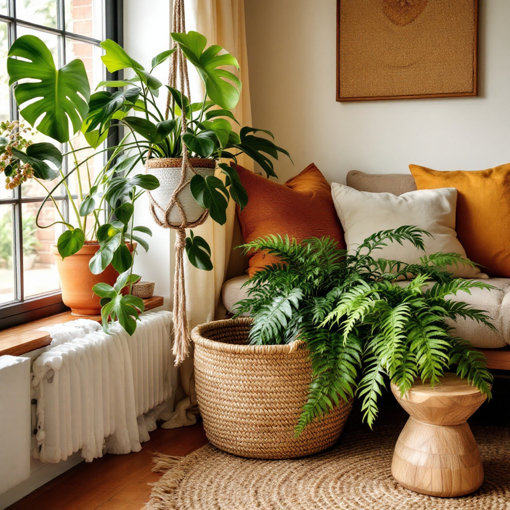 Boho-Wohnzimmerecke mit Macrame-Ampel, Korbtoepfen und ueppigem Gruen