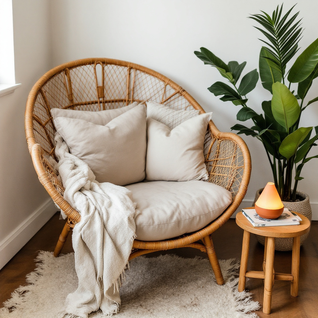 Boho Leseecke mit Rattansessel, Berberkissen und Terrakotta Tischlampe