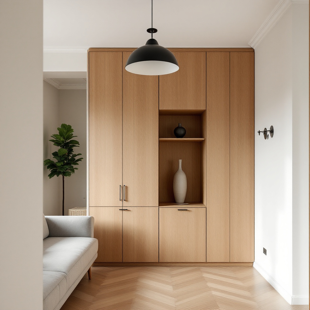 Schmales Altbauwohnzimmer Muenchen mit Wandregal aus Eiche und Leinensofa