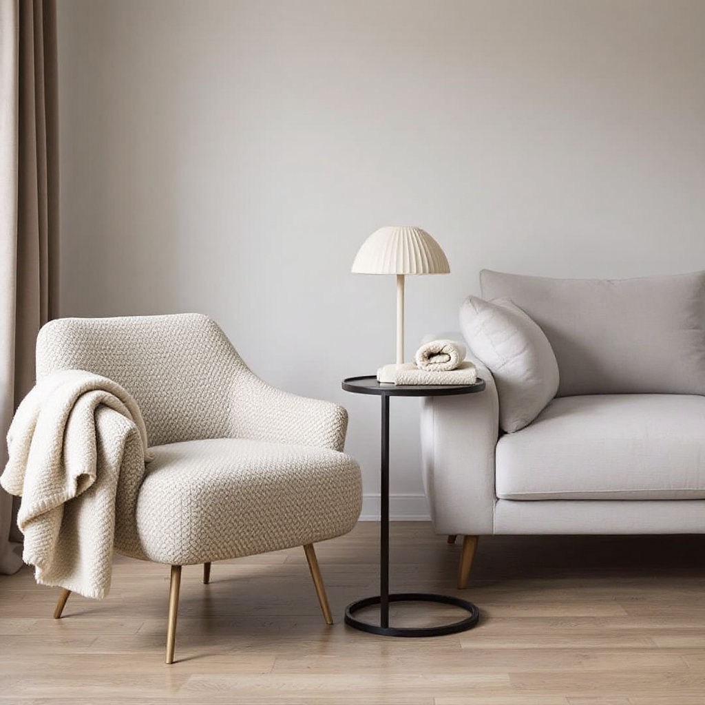 Wohnzimmer mit grauem Sofa und beigem Lesesessel über Eck, dazwischen Beistelltisch mit Tischlampe