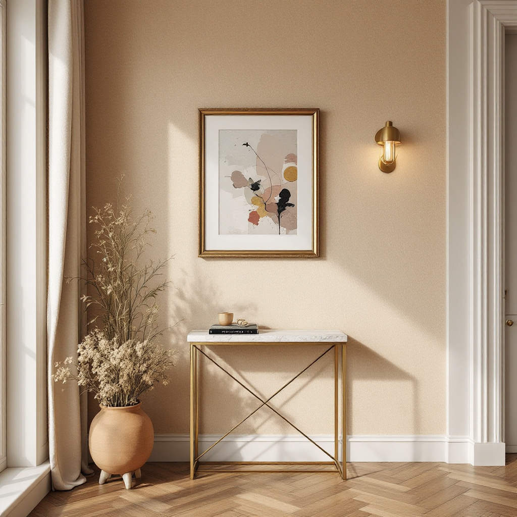 Sandfarbene Boucle Stoffwand mit gerahmtem Kunstdruck