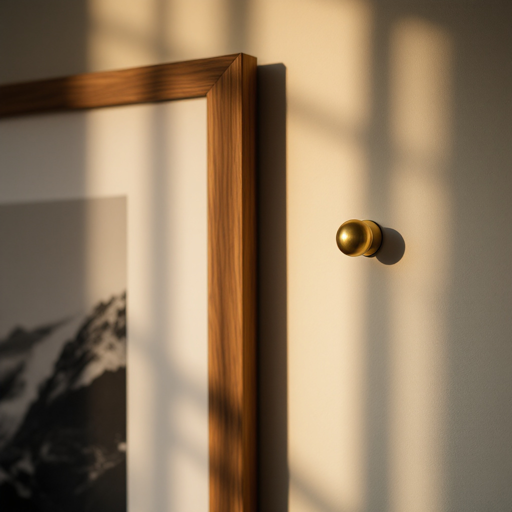 Detail einer Bilderwand mit dunkler Eichenrahmen und Messing-Wandobjekt, warmes Abendlicht von links