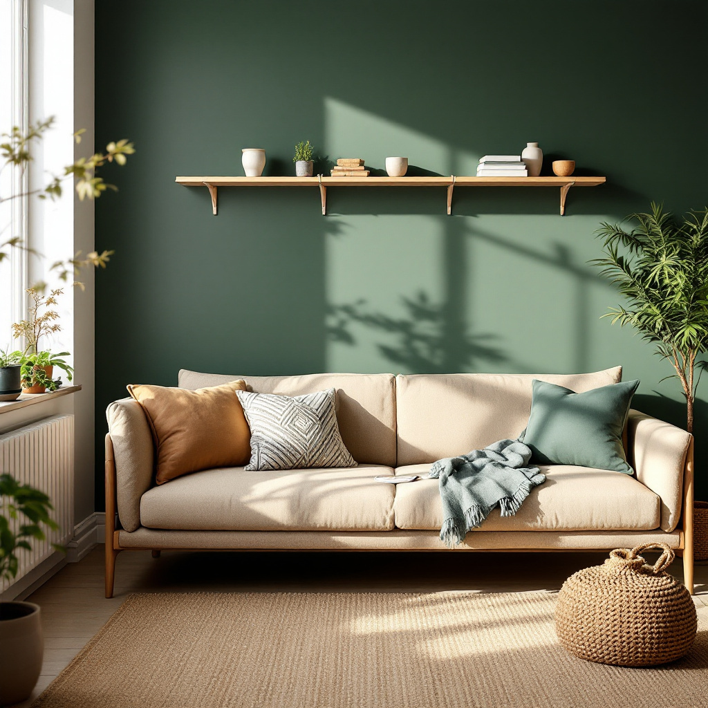 Skandinavisches Wohnzimmer mit moosgruener Wand und Birkenholzregal